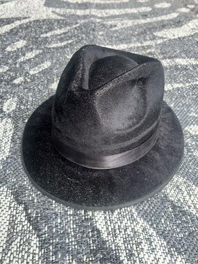 Velvet Black Fedora Men Hat #3, Men Classic 1920s Gangster Black Fedora Hat